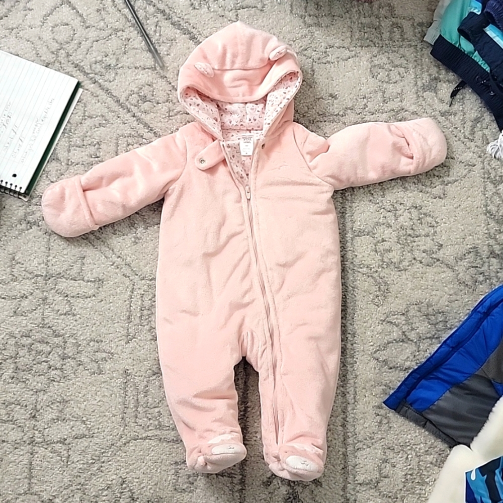 Carters baby soft hooded jumpsuit for cold weather. Size 6 mo. With mittens.